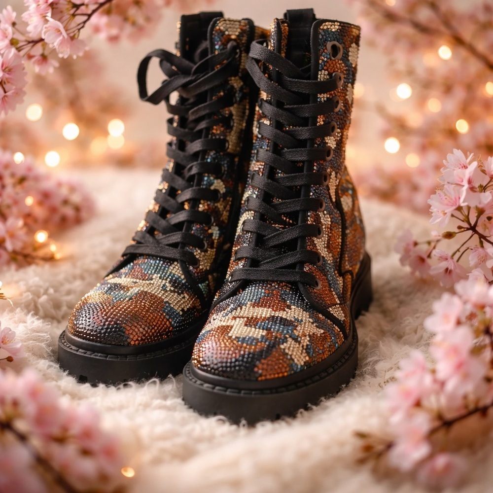 Steve Madden Rhinestone Camo Lace Up Ankle Combat Boots
